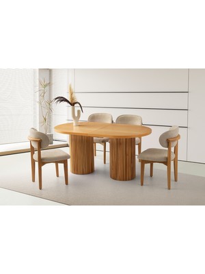 Viento Mobilya Picasso Naturel Açılır 160X90 Masa 6 Adet Bukle Kumaş Ahşap Iskelet Nergis Sandalye Masa Takımı