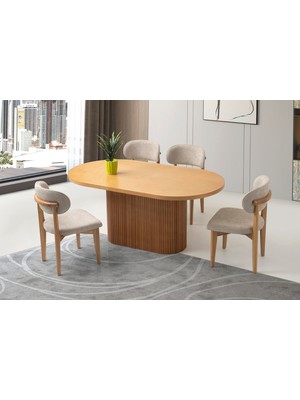 Viento Mobilya Orkide Naturel Sabit 160X90 Masa 8 Adet Bukle Kumaş Ahşap Nergis Sandalye Masa Takımı