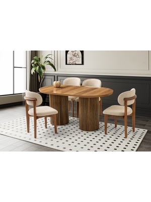 Viento Mobilya Orkide Hazar Highgloss Sabit 160X90 Masa 8 Adet Bukle Kumaş Ahşap Nergis Sandalye Masa Takımı