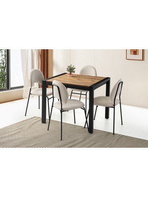 Viento Mobilya Tuğra Diş Budak Desen Ayaktan Açılır 80X70 Masa 4 Adet Babyface Kumaş Metal Suna Sandalye Masa Takımı