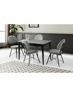 Viento Mobilya Milano Retro Gümüş Desen Açılır 130X80 Masa 4 Adet Babyface Metal Ahtapot Sandalye Masa Takımı