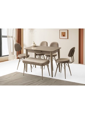 Viento Mobilya Milano Cappicino Highgloss Açılır 100X60 Masa 6 Kişilik Babyface Metal Ece Bench Takımı Masa Takımı