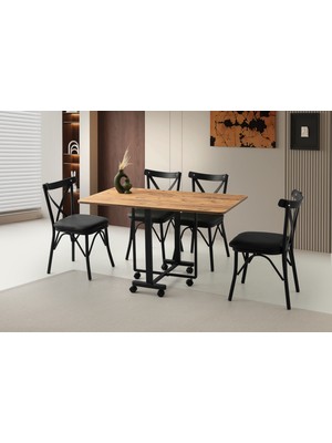 Viento Mobilya Lizbon Diş Budak Desen Katlanır Kanatlı 130X70 Masa 4 Adet Babyface Metal Çapraz Sandalye Masa Takımı