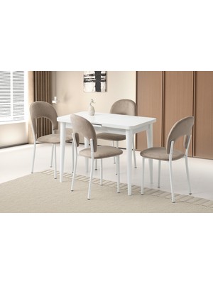 Viento Mobilya Silva Beyaz Renk Açılır 100X60 Masa 4 Adet Babyface Metal Ay Sandalye Masa Takımı
