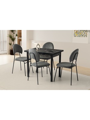 Viento Mobilya Smart Siyah Mermer Desen Yanlardan Açılır 90X60 Masa 4 Adet Babyface Metal Suna Sandalye Masa Takımı