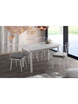 Viento Mobilya Enzi Beyaz Mermer Desen Sabit 120X70 Masa 4 Adet Luna Kumaş Metal Güneş Sandalye Masa Takımı