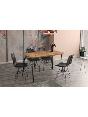 Viento Mobilya Aras Diş Budak Desen Sabit 120X70 Masa 4 Adet Siyah Suni Deri Metal Sırtlı Tel Sandalye Masa Takımı