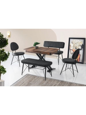 Viento Mobilya Milano Barok Ceviz Desen Açılır 120X70 Masa 6 Kişilik Suni Deri Ahtapot Bench Takımı Masa Takımı