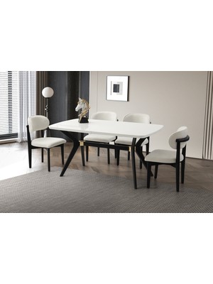 Viento Mobilya Anka Kar Beyaz Highgloss Açılır 160X90 Masa 8 Adet Bukle Kumaş Ahşap Nergis Sandalye Masa Takımı