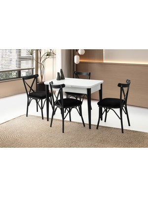 Viento Mobilya Kelebek Tekno Kar Beyaz Highgloss Açılır 100X60 Masa 4 Adet Babyface Metal Çapraz Sandalye Masa Takımı