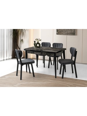 Viento Mobilya Milano Kelebek Siyah Mermer Açılır 120X70 Masa 4 Adet Babyface Metal Esinti Sandalye Masa Takımı