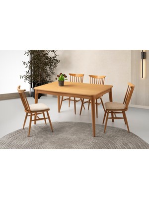 Viento Mobilya Fidan Naturel Açılır 140X90 Masa 4 Adet Bukle Kumaş Ahşap Diva Sandalye Masa Takımı