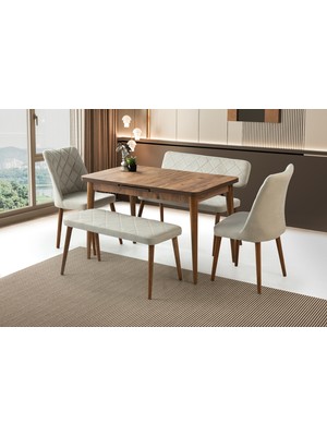 Viento Mobilya Silva Diş Budak Desen Açılır 120X70 Masa 6 Kişilik Babyface Nova Bench Takımı Masa Takımı