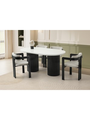 Viento Mobilya Orkide Kar Beyaz Highgloss Sabit 160X90 Masa 4 Adet Babyface Kumaş Ahşap Viyana Sandalye Masa Takımı