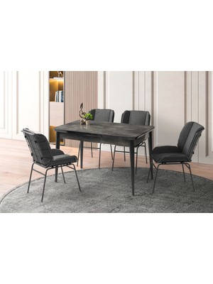Viento Mobilya Kelebek Tekno Irony Highgloss Açılır 130X80 Masa 4 Adet Keten Kumaş Metal Yonca Sandalye Masa Takımı