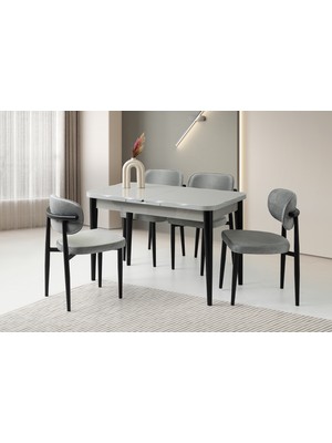 Viento Mobilya Kelebek Kütük Açık Gri Highgloss Açılır 120X70 Masa 4 Adet Babyface Metal Siesta Sandalye Masa Takımı