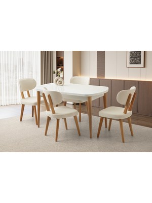 Viento Mobilya Kelebek Kaşıklıklı Beyaz Renk Açılır 140X80 Masa 4 Adet Bukle Kumaş Ahşap Masal Sandalye Masa Takım