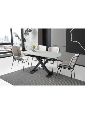 Viento Mobilya Still Açık Gri Highgloss Yanlardan Açılır 130X80 Masa 4 Adet Babyface Metal Yonca Sandalye Masa Takımı