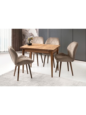 Viento Mobilya Kıvılcım Diş Budak Desen Yanlara Açılır 100X65 Masa 4 Adet Babyface Ahşap Ayak Vera Sandalye Masa Takımı