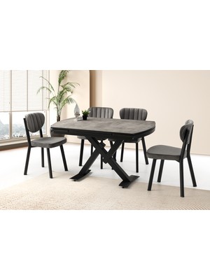 Viento Mobilya Still Retro Gümüş Desen Yanlardan Açılır 130X80 Masa 6 Adet Babyface Metal Esinti Sandalye Masa Takımı