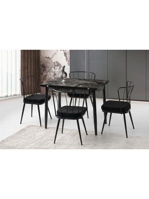 Viento Mobilya Kıvılcım Siyah Mermer Desen Yanlara Açılır 100X65 Masa 4 Adet Babyface Metal Güneş Sandalye Masa Takımı