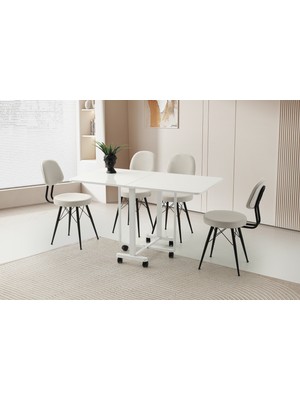 Viento Mobilya Lizbon Beyaz Renk Katlanır Kanatlı 130X70 Masa 6 Adet Babyface Metal Ece Sandalye Masa Takımı