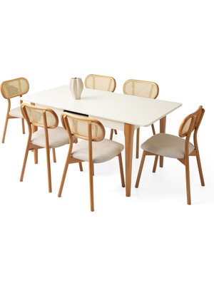 Viento Mobilya Zarif Aytaşı Desen Açılır 130X80 Masa 6 Adet Pufy Kumaş Naturel Ahşap Paris Sandalye Masa Takımı