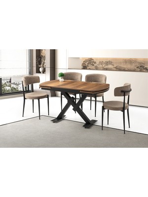 Viento Mobilya Still Diş Budak Desen Yanlardan Açılır 130X80 Masa 4 Adet Bukle Kumaş Metal Gözde Sandalye Masa Takımı