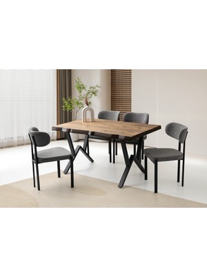 Viento Mobilya Kütük Diş Budak Desen Mdf Sabit 140X90 Masa 4 Adet Bukle Kumaş Metal Pelin Sandalye Masa Takımı