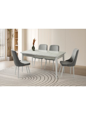 Viento Mobilya Kelebek Tekno Marmo Highgloss Açılır 160X90 Masa 6 Adet Babyface Kumaş Ahşap Sahra Sandalye Masa Takımı