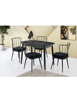 Viento Mobilya Silva Siyah Mermer Desen Açılır 100X60 Masa 4 Adet Babyface Metal Güneş Sandalye Masa Takımı