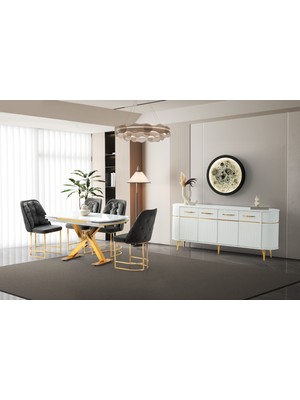 Viento Mobilya Still Beyaz Renk Açılır 130X80 Masa 4 Adet Babyface Kumaş Neşe Gold Iskelet Sandalye Masa Takımı