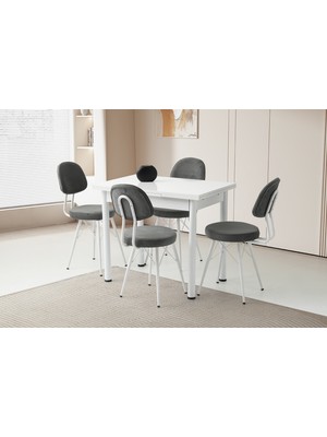 Viento Mobilya Smart Beyaz Renk Yanlardan Açılır 90X60 Masa 4 Adet Babyface Metal Ece Sandalye Masa Takımı
