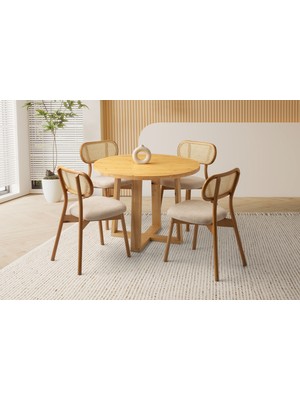 Viento Mobilya Yuvarlak Kayın Sabit 100X100 Masa 4 Adet Bukle Kumaş Ahşap Paris Sandalye Masa Takımı