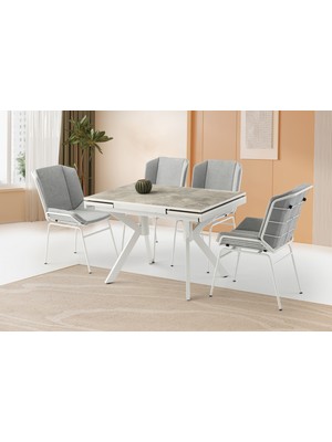 Viento Mobilya Petra Rambla Highgloss Yanlardan Açılır 110X70 Masa 4 Adet Bukle Kumaş Metal Yonca Sandalye Masa Takımı