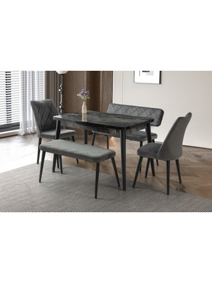 Viento Mobilya Silva Siyah Mermer Desen Açılır 120X70 Masa 6 Kişilik Babyface Nova Bench Takımı Masa Takımı