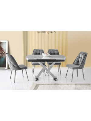 Viento Mobilya Still Marmo Highgloss Yanlardan Açılır 130X80 Masa 4 Adet Babyface Krom Ayak Neşe Sandalye Masa Takımı