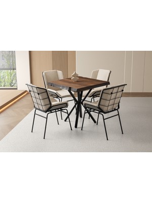 Viento Mobilya Kütük Barok Ceviz Desen Mdf Sabit 80X80 Masa 4 Adet Bukle Kumaş Metal Yonca Sandalye Masa Takımı