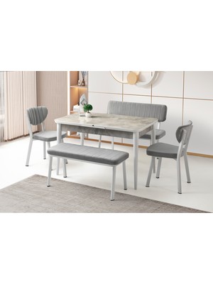 Viento Mobilya Kelebek Tekno Rambla Highgloss Açılır 120X70 Masa 6 Kişilik Bukle Kumaş Metal Esinti Bench Takımı Masa Takımı