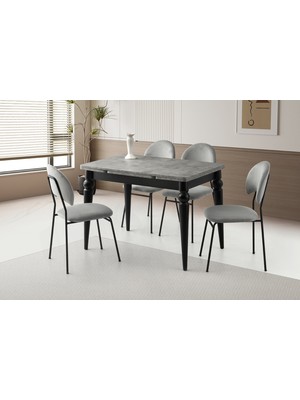 Viento Mobilya Arda Retro Gümüş Desen Yanlardan Açılır 110X70 Masa 4 Adet Babyface Metal Suna Sandalye Masa Takımı