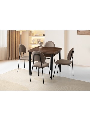 Viento Mobilya Kıvılcım Barok Ceviz Desen Yanlara Açılır 80X75 Masa 4 Adet Babyface Metal Suna Sandalye Masa Takımı