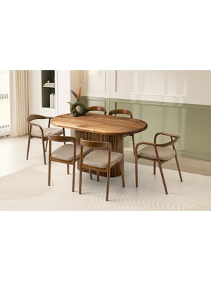 Viento Mobilya Doğal Ahşap Ceviz Sabit 160X85 Masa 6 Adet Babyface Kumaş Ceviz Yılan Sandalye Masa Takımı