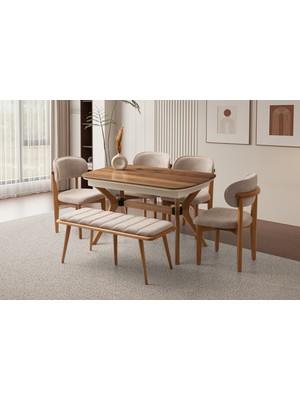 Viento Mobilya Çınar Açılır Ahşap Ayak 130X80 Masa 6 Kişilik Bukle Kumaş Ahşap Nergis Sandalye Bench Masa Takımı
