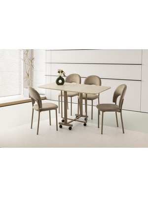 Viento Mobilya Lizbon Sidon Desen Katlanır Kanatlı 130X70 Masa 4 Adet Babyface Metal Ay Sandalye Masa Takımı