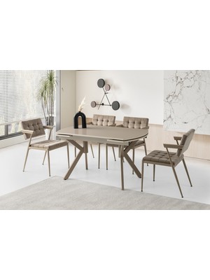 Viento Mobilya Still Cappicino Highgloss Yanlardan Açılır 130X80 Masa 4 Adet Babyface Metal Jumbo Sandalye Masa Takımı