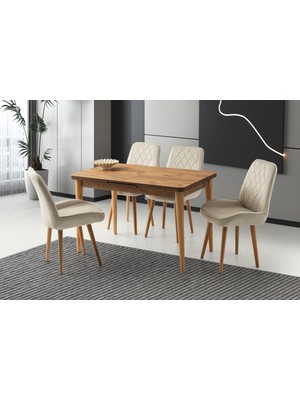 Viento Mobilya Silva Diş Budak Desen Açılır 120X70 Masa 6 Adet Babyface Ahşap Ayak Fulya Sandalye Masa Takımı