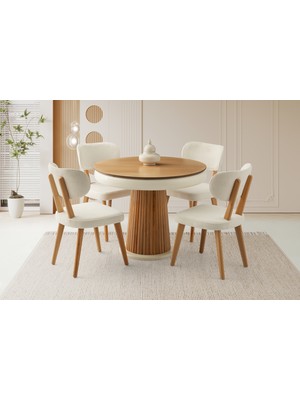 Viento Mobilya Palermo Naturel Etek Krem Açılır 100X100 Masa 4 Adet Bukle Kumaş Ahşap Masal Sandalye Masa Takımı