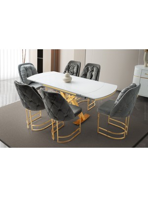 Viento Mobilya Still Beyaz Renk Açılır 130X80 Masa 6 Adet Babyface Kumaş Neşe Gold Iskelet Sandalye Masa Takımı