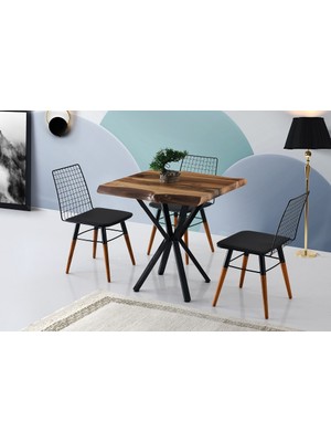 Viento Mobilya Doğal Ahşap Ceviz Sabit 80X80 Masa 3 Adet Siyah Suni Deri Nehir Sandalye Masa Takımı