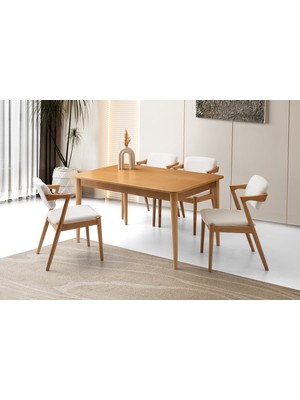 Viento Mobilya Fidan Naturel Açılır 130X80 Masa 6 Adet Bukle Kumaş Naturel Ahşap Rody Sandalye Masa Takımı